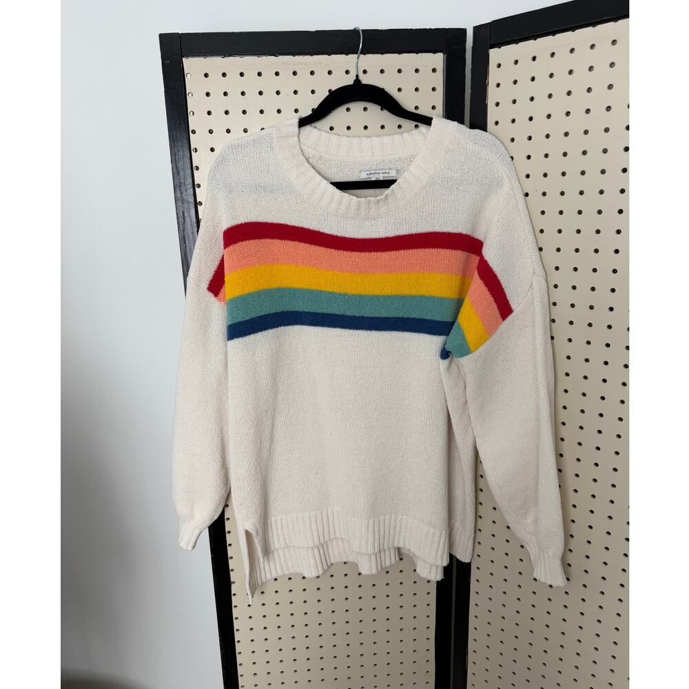 American Eagle Oversized Pullover Sweater White Rainbow Stripe XS